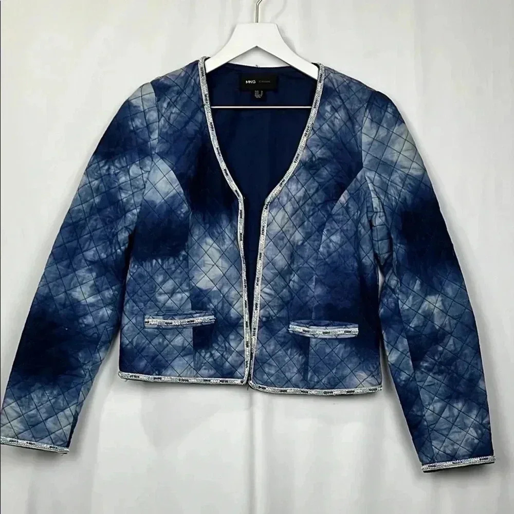 MNG Womens Jacket Blue S Quilted Tie Dye Open Front Cropped Beaded Trim Pockets